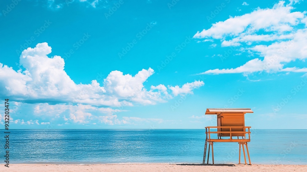 A lifeguard tower overlooking a calm sea, with a bright blue sky in the background and a few clouds A lifeguard tower overlooking a calm sea, with a bright blue sky in the background and a few clouds