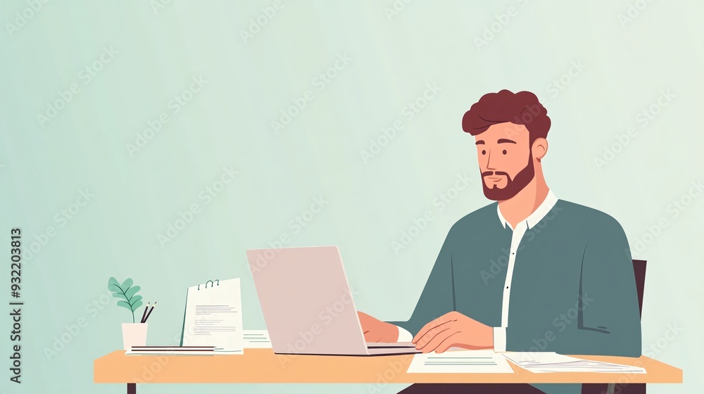 A confident loan officer sitting at a desk with a laptop, reviewing financial documents, surrounded by a light solid color background A confident loan officer sitting at a desk with a laptop, reviewing financial documents, surrounded by a light solid color background