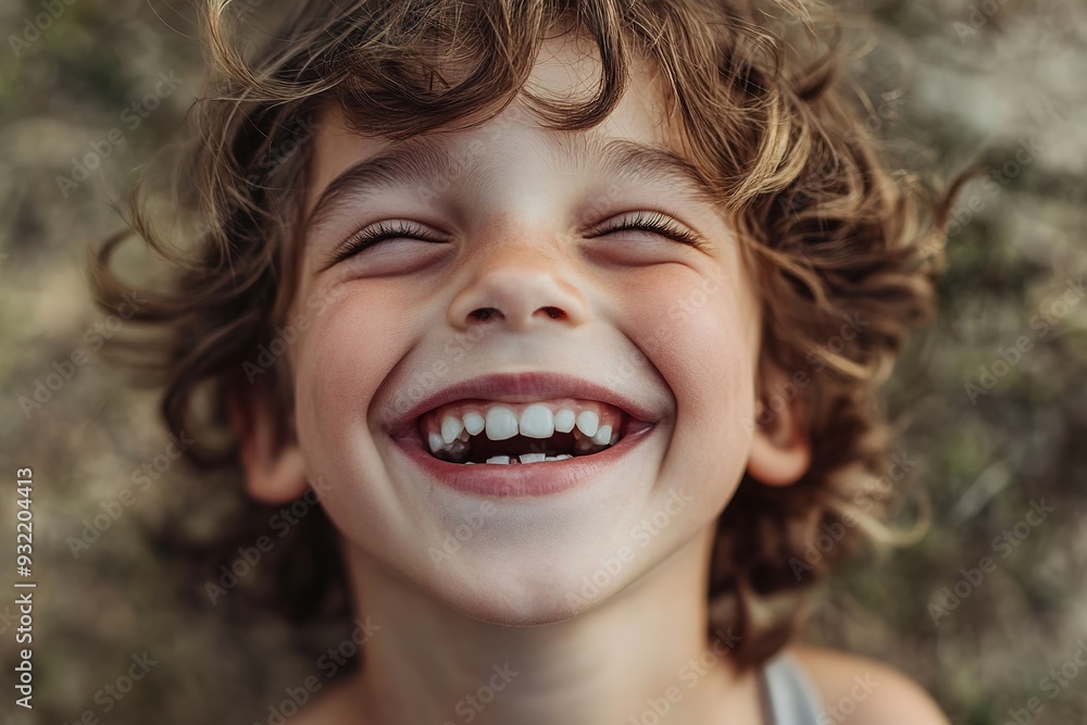 Happy child laughing with closed eyes, curly hair Happy child laughing with closed eyes, curly hair