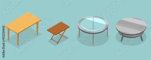 3D Isometric Flat Vector Illustration of Tables Collection, Wooden Furniture
