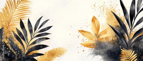 Golden and Black Watercolor Tropical Leaf Background