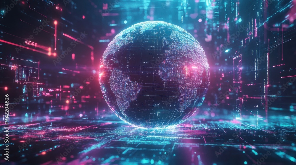 A close-up, angled view of a futuristic globe, partially illuminated with intricate digital network lines wrapping around its surface