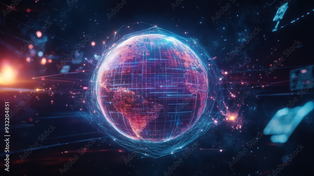 Obraz premium A close-up, angled view of a futuristic globe, partially illuminated with intricate digital network lines wrapping around its surface
