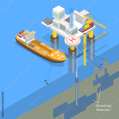 3D Isometric Flat Vector Illustration of Ocean Drilling, Scene Oil Extraction
