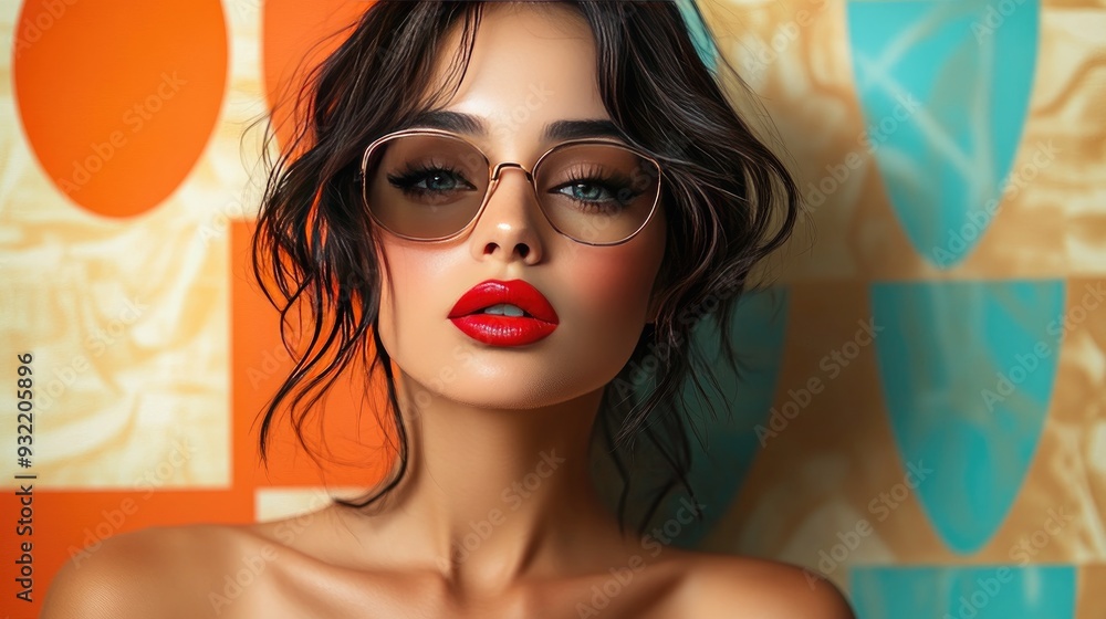 Fototapeta premium Stylish Woman with Red Lipstick and Glasses Posing Against Colorful Background