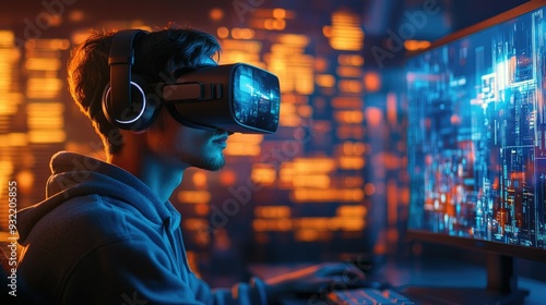 Young Man Using VR Headset for Immersive Gaming Experience in a Futuristic Digital Environment photo