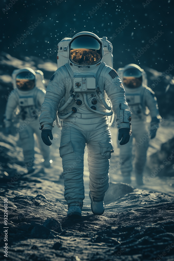Astronaut walks on the surface of a planet in space. Astronaut walks on the surface of a planet in space.