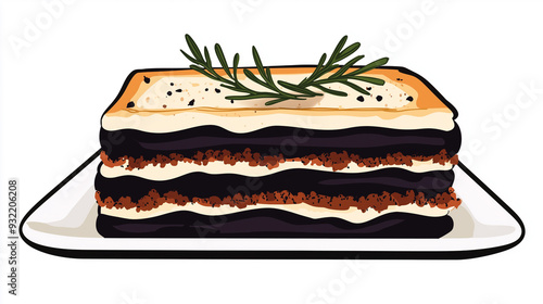 Display of moussaka with layers of eggplant, ground meat, and béchamel sauce photo