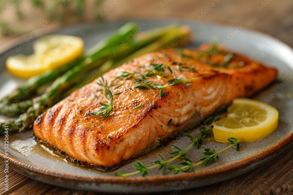 Grilled salmon fillet served with asparagus and lemon slices, garnished with fresh thyme on a ceramic plate. Grilled salmon fillet served with asparagus and lemon slices, garnished with fresh thyme on a ceramic plate.