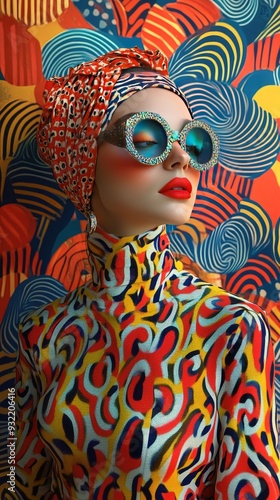 Fashionable Woman in Bold, Colorful Patterns with Stylish Sunglasses and Headscarf photo