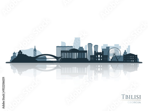 Tbilisi skyline silhouette with reflection. Landscape Tbilisi, Georgia. Vector illustration.