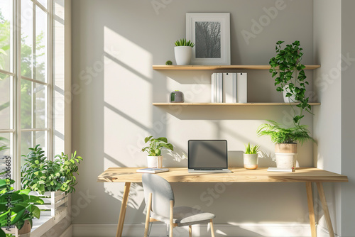 Obraz na płótnie Modern home office interior with laptop and sunlights w salonie