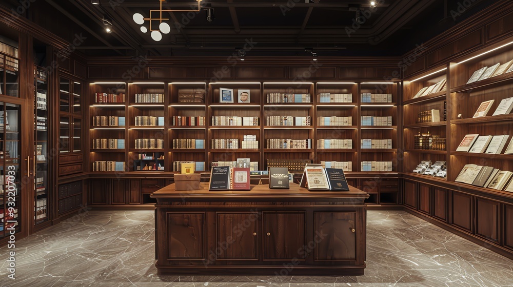 Empty bookstore with wooden shelves, showcasing a wide variety of books and reading materials. Empty bookstore with wooden shelves, showcasing a wide variety of books and reading materials.