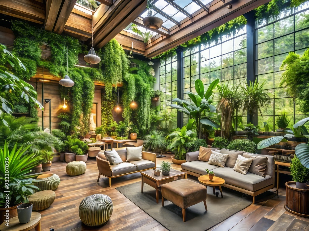 Naklejka premium A serene oasis where nature meets design, featuring lush greenery, natural materials, and earthy tones, fostering a calming atmosphere for the senses.