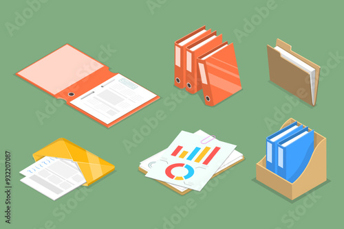 3D Isometric Flat Vector Set of Folders With Files, Business Paperwork