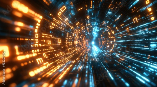 Abstract Digital Tunnel with Glowing Orange and Blue Binary Code for Futuristic Technology Concept photo