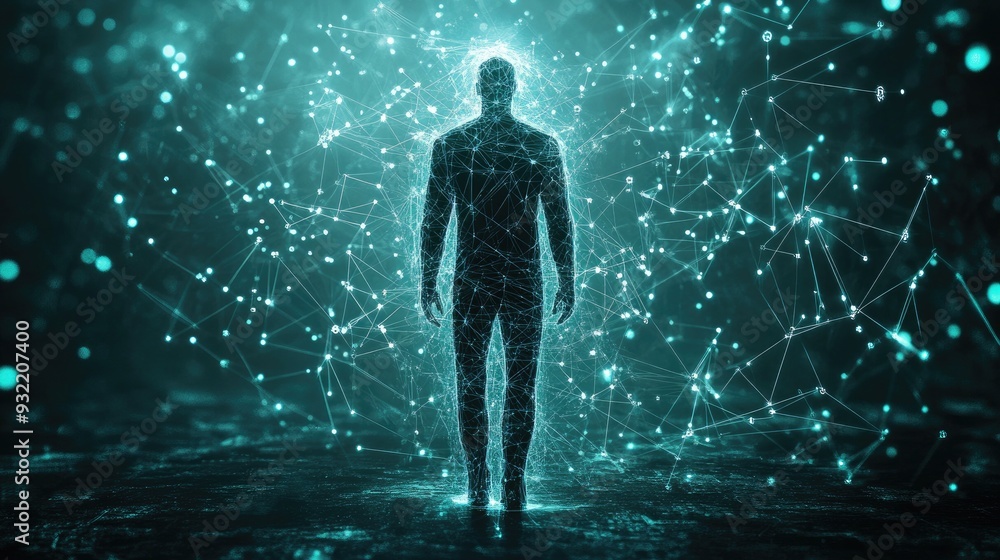 Silhouette of a Digital Human Amidst Glowing Network Connections and Futuristic Technology Silhouette of a Digital Human Amidst Glowing Network Connections and Futuristic Technology