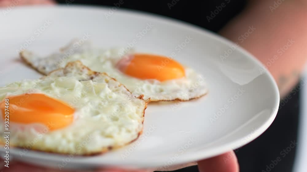 Fried eggs on a white plate.
Raw yolks Fried eggs on a white plate.
Raw yolks