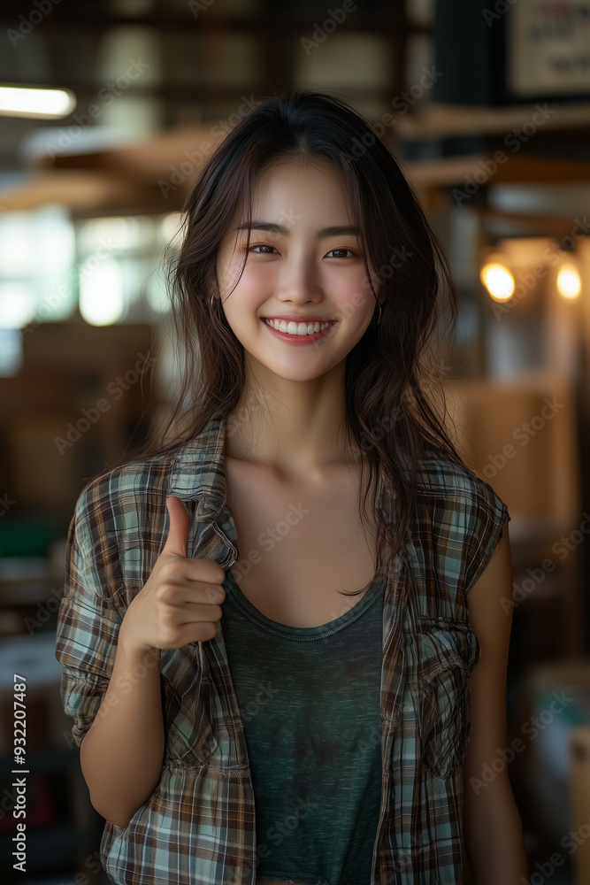 Asian female employee Smiling in a wooden furniture factory, she is giving a thumbs up. Asian female employee Smiling in a wooden furniture factory, she is giving a thumbs up.