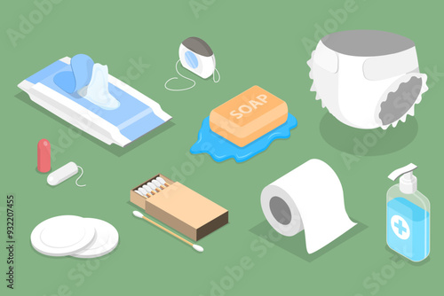 3D Isometric Flat Vector Set of Hygiene Product, Personal Cleanliness and Body Care Supplies