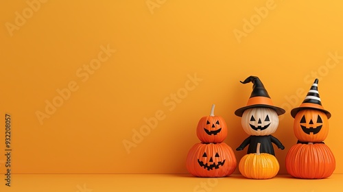 Halloween pumpkin decorating contest, kids in costumes, 3D illustration