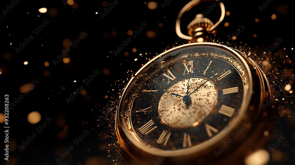 A golden pocket watch with roman numerals and sparkling dust particles. A golden pocket watch with roman numerals and sparkling dust particles.