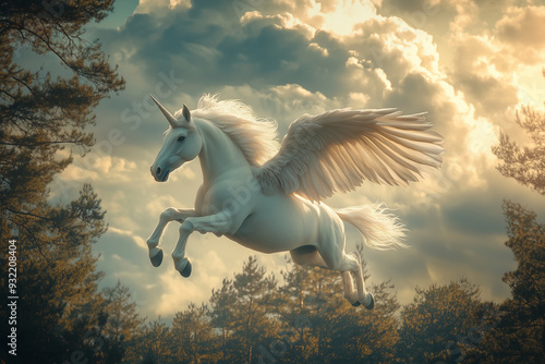 Pegasus flying in the forest, The elegance of mythical creatures photo