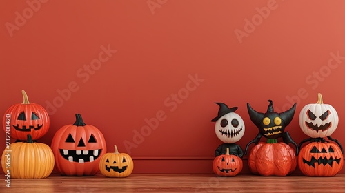 Halloween pumpkin painting, kids in monster costumes, 3D illustration