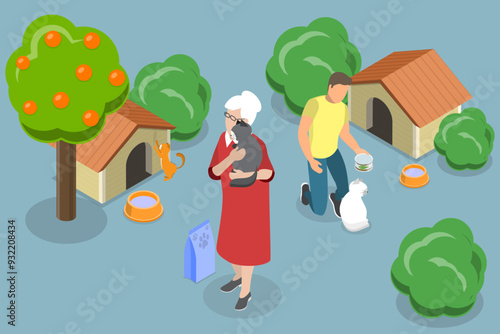 3D Isometric Flat Vector Illustration of Homeless Animals Care, Pet Adoption
