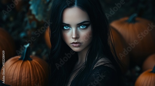 Gothic woman with crows among pumpkins