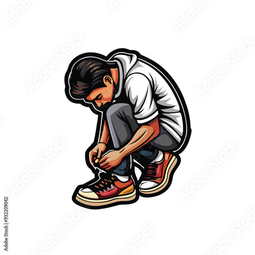 A cartoon illustration of a person bending over to tie their shoelaces, with a focus on the hands and the laces.