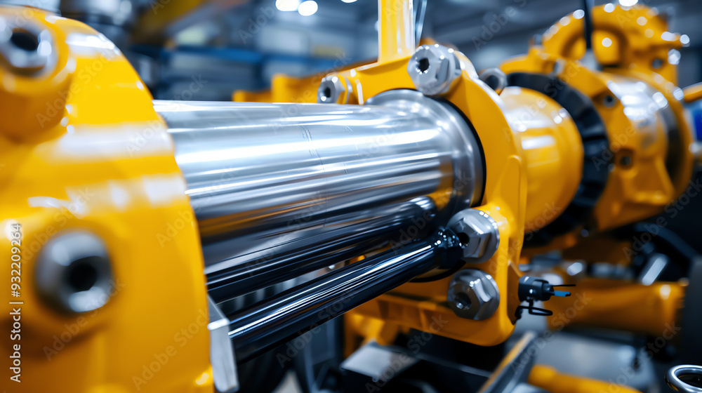 A machine part with yellow and silver components. A machine part with yellow and silver components.