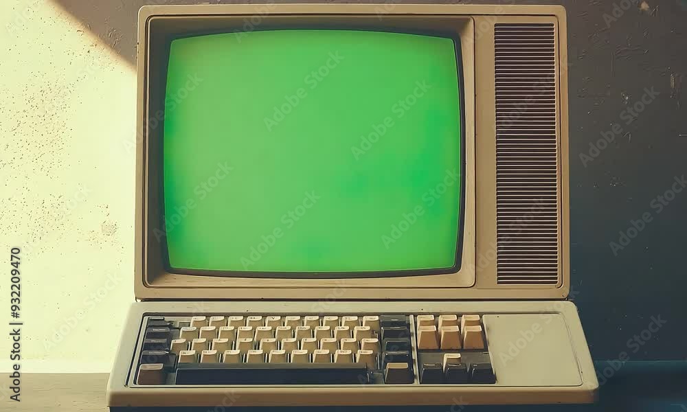 Old vintage computer with a green screen