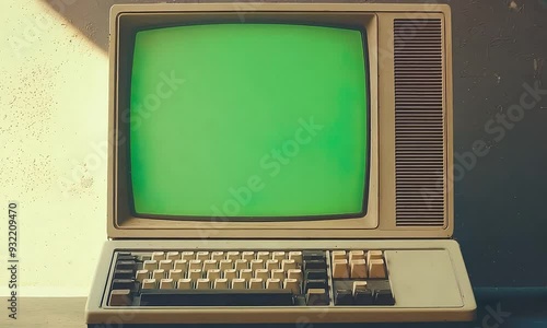 Old vintage computer with a green screen photo