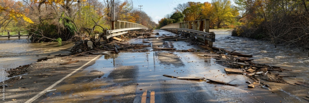 Fototapeta premium Floodwaters inundate road with debris piled against bridge, blocking passage.