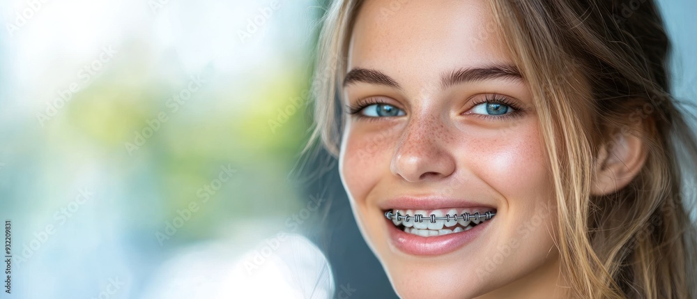 Portrait of young beautiful smiling woman with ceramic braces on teeth at the dental office Portrait of young beautiful smiling woman with ceramic braces on teeth at the dental office