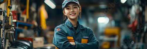 Asian female auto mechanic smiles with confidence in car workshop. photo