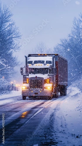 Trucks drive cautiously along a snowy road during a winter snowfall in the early morning