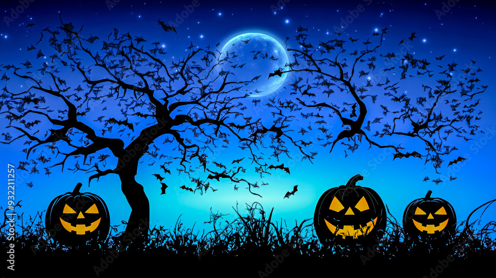 Halloween background with pumpkins, bats and moon. Vector illustration. Halloween background with pumpkins, bats and moon. Vector illustration.