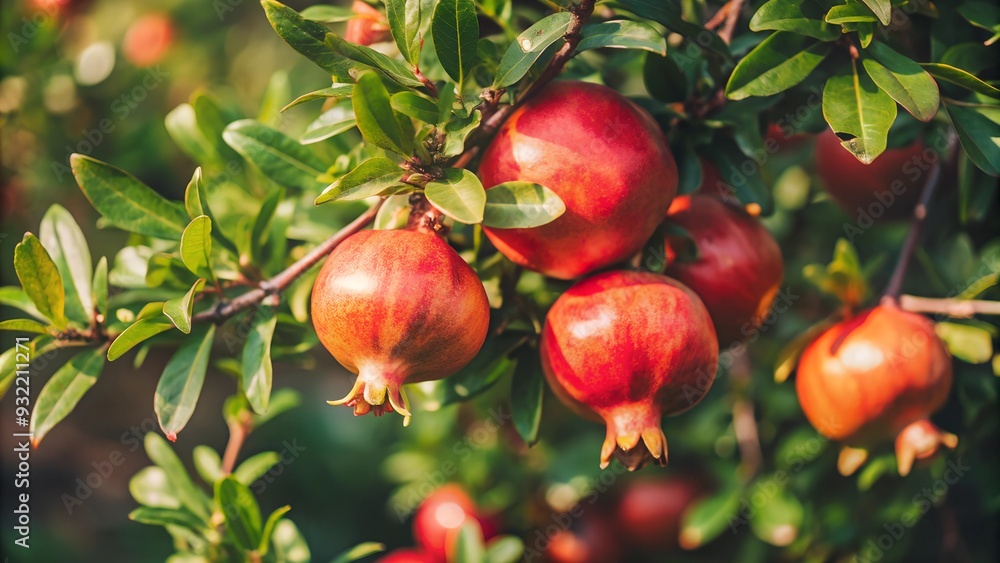 Ripe Pomegranates Hanging on Tree Branch in a Lush Garden Ripe Pomegranates Hanging on Tree Branch in a Lush Garden
