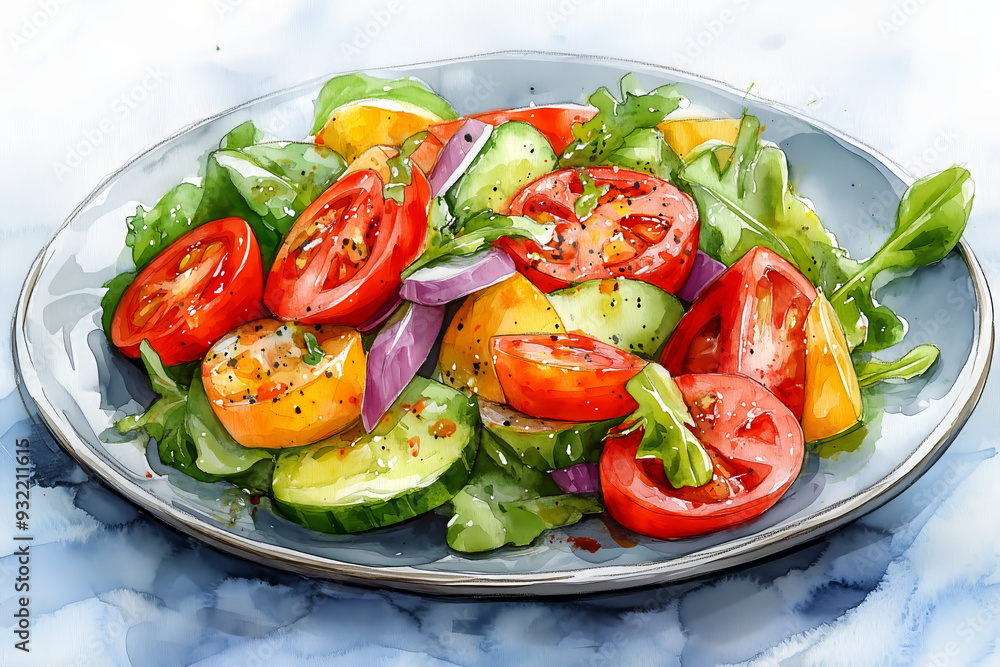 Watercolor painting of vegetable salad dressing on a plate. Watercolor painting of vegetable salad dressing on a plate.