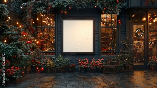 Mockup, Blank Poster Frame, sitting in front of a Christmas Shop, Christmas Decoration around it 