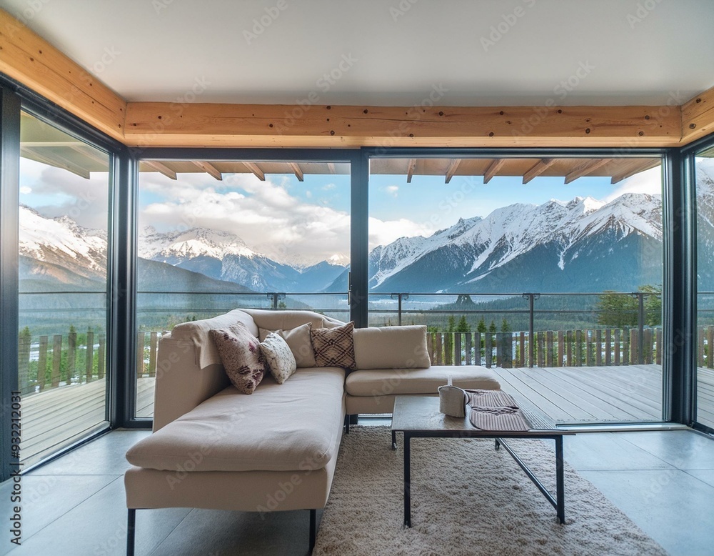 Fototapeta premium Modern living room with large windows offering a stunning view of snow capped mountains