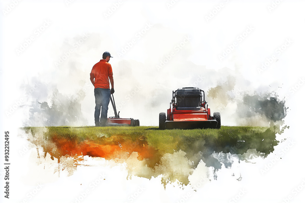Fototapeta premium Watercolor painting of a man cutting grass with a lawn mowing cart in the field.