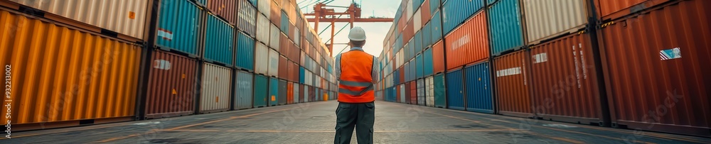 Indian worker standing in front of stacked shipping containers. Container terminal - freight shipping background. International trade banner. Import export concept. Indian worker standing in front of stacked shipping containers. Container terminal - freight shipping background. International trade banner. Import export concept.