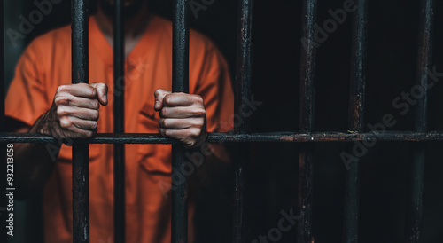 Man in orange prison issued clothing holding on to prison bars  photo