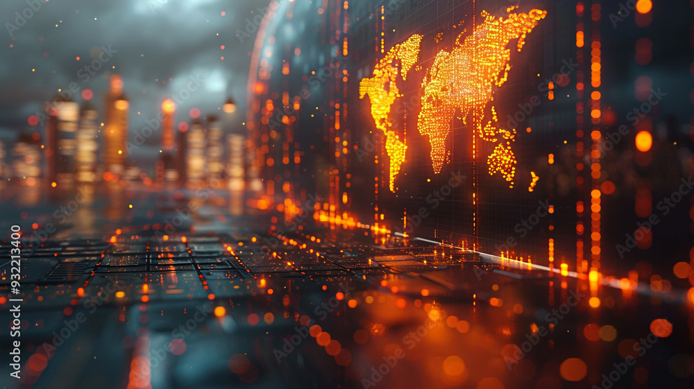 Fototapeta premium Digital World Map with Glowing Data in Modern Urban Environment