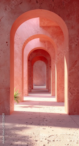 Minimalist architectural tunnel with natural light highlighting textured columns in warm hues