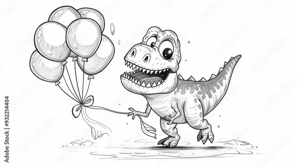 Obraz premium Black and white illustration featuring a cartoon dinosaur holding a bunch of balloons