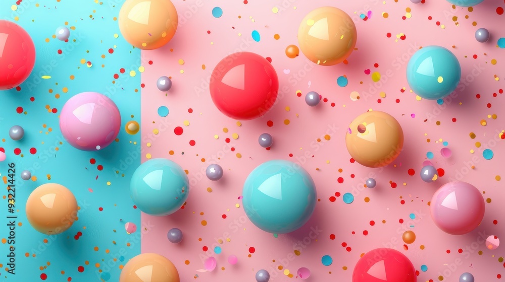 Variety of colorful spheres and confetti on a two-toned background Variety of colorful spheres and confetti on a two-toned background